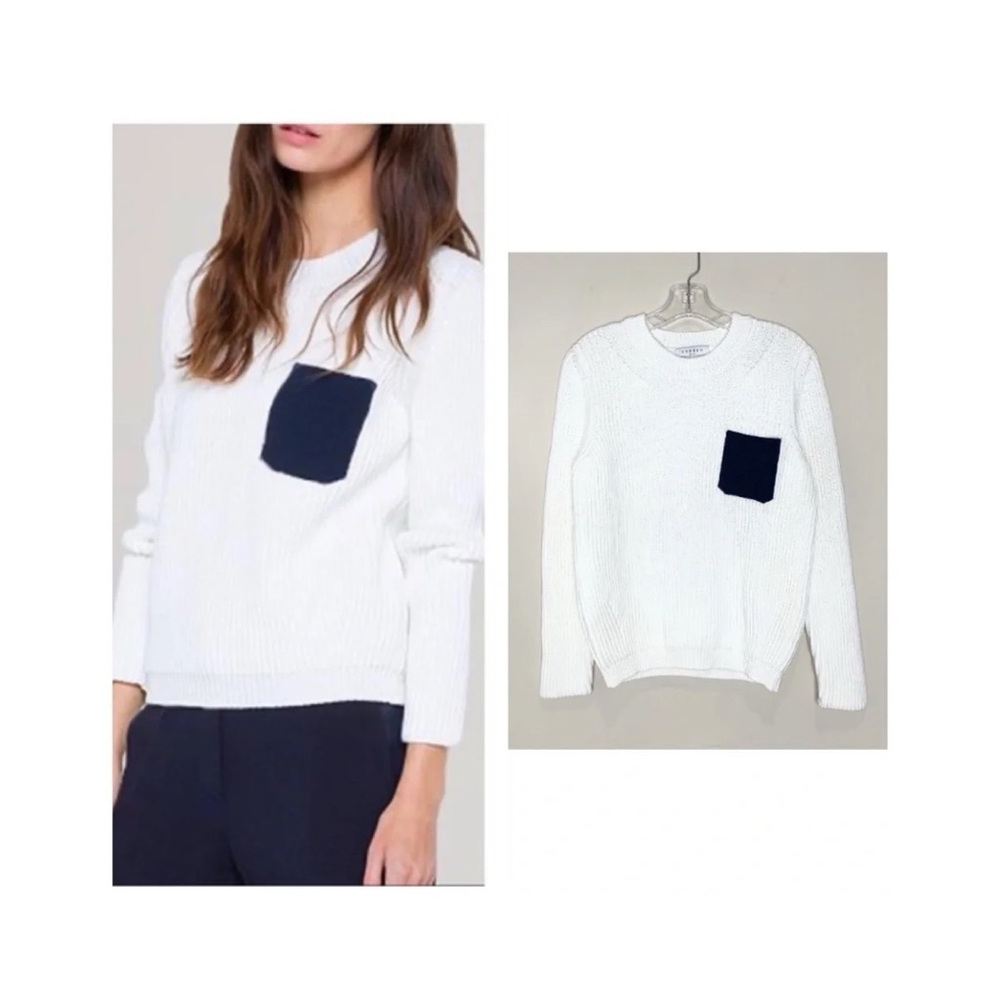 NEW Sandro Sharlene Knit Sweater (Sz 3 / L) Ribbed Crewneck Blanc Navy